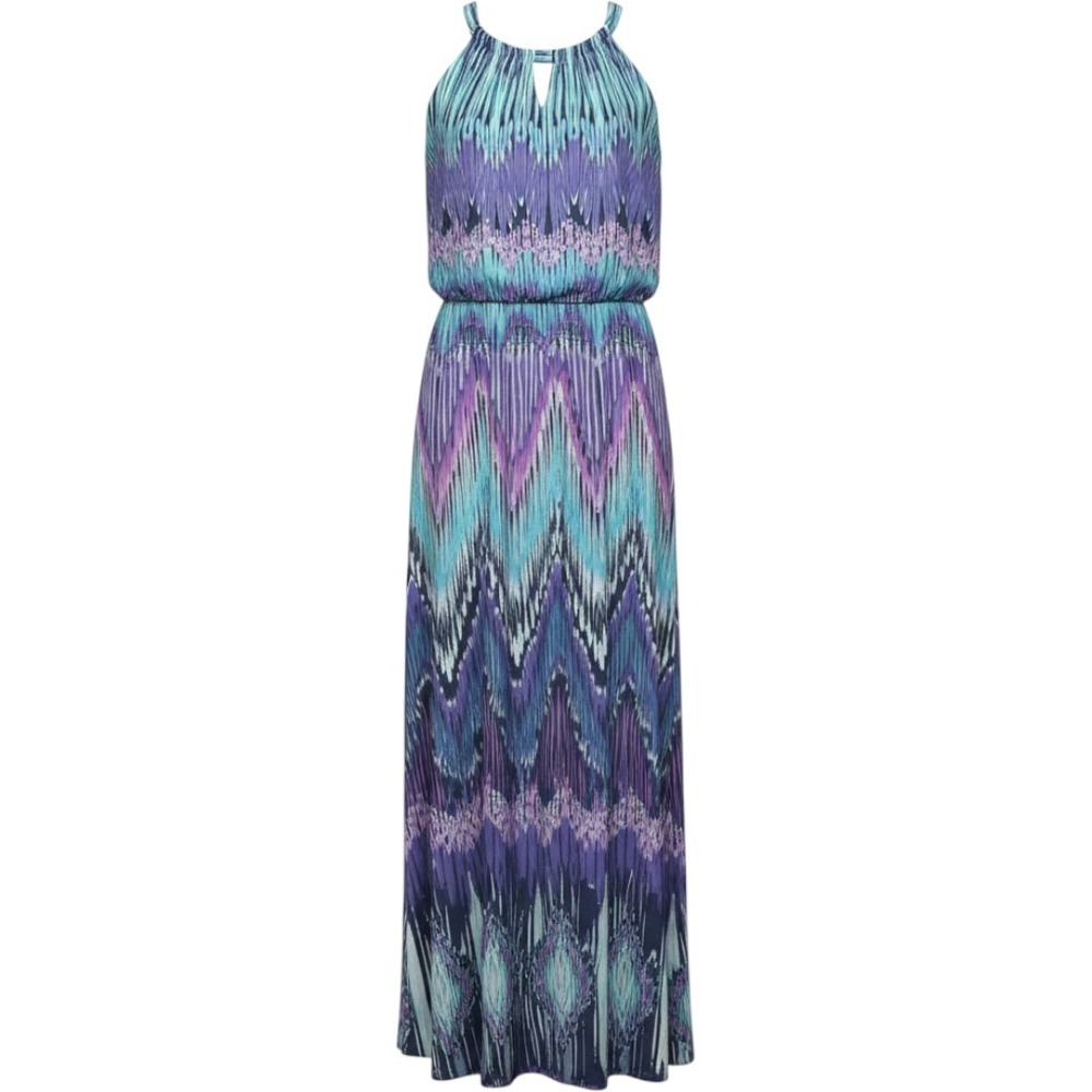 Chico's Purple Teal Ikat Chevron Maxi Dress Halter Blouson Size 1 M/L